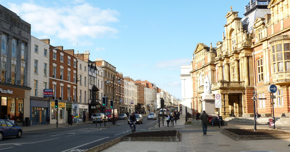 Looking up The Parade, Leamington Spa, Leamington's main shopping street.
