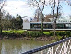View from suspension bridge looking towards the restaurant and temperate house, Jephson Gardens, Leamington.